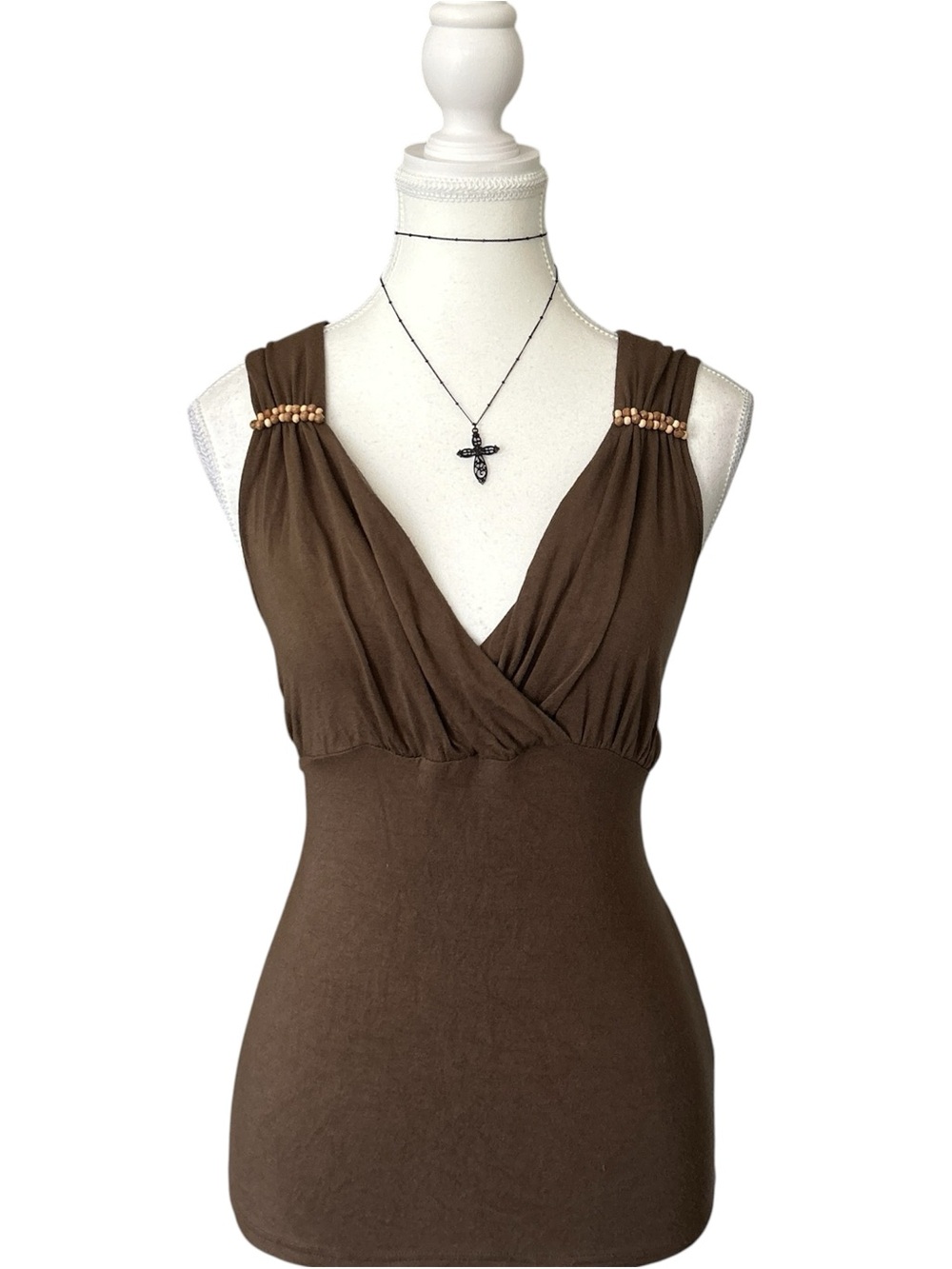 Y2K “Moonlight Bay” Brown Beaded V-Neck Tank Top